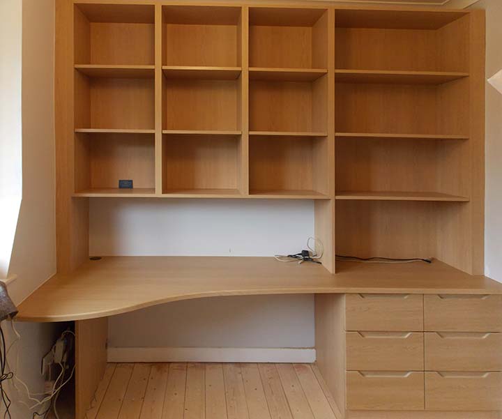 loft office built-in desk with storage